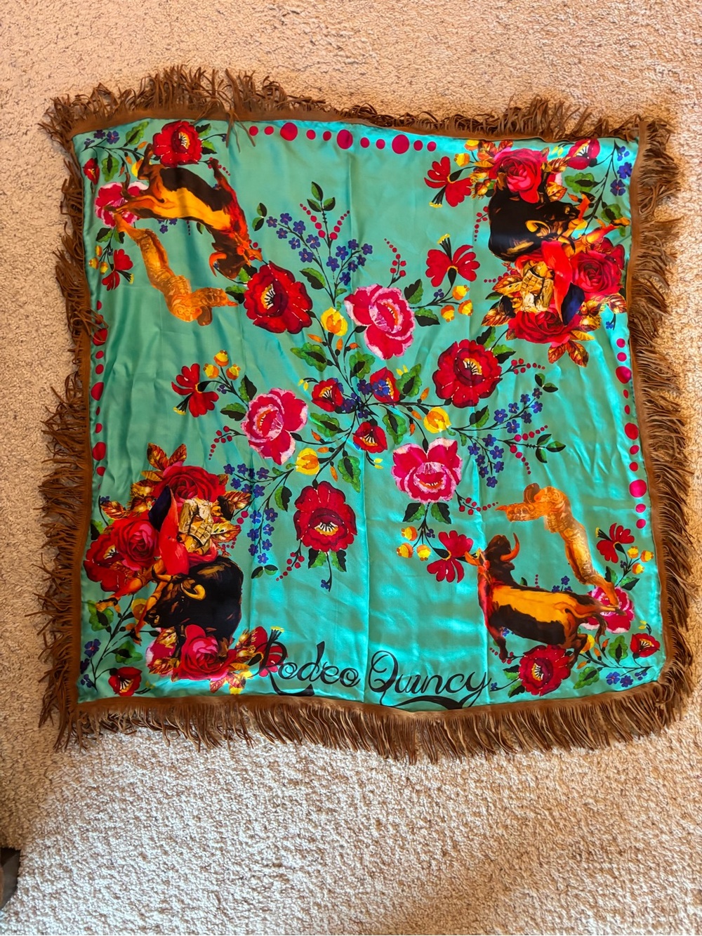 Rodeo Quincy Turquoise Floral Wild Rag with Leather Fringe